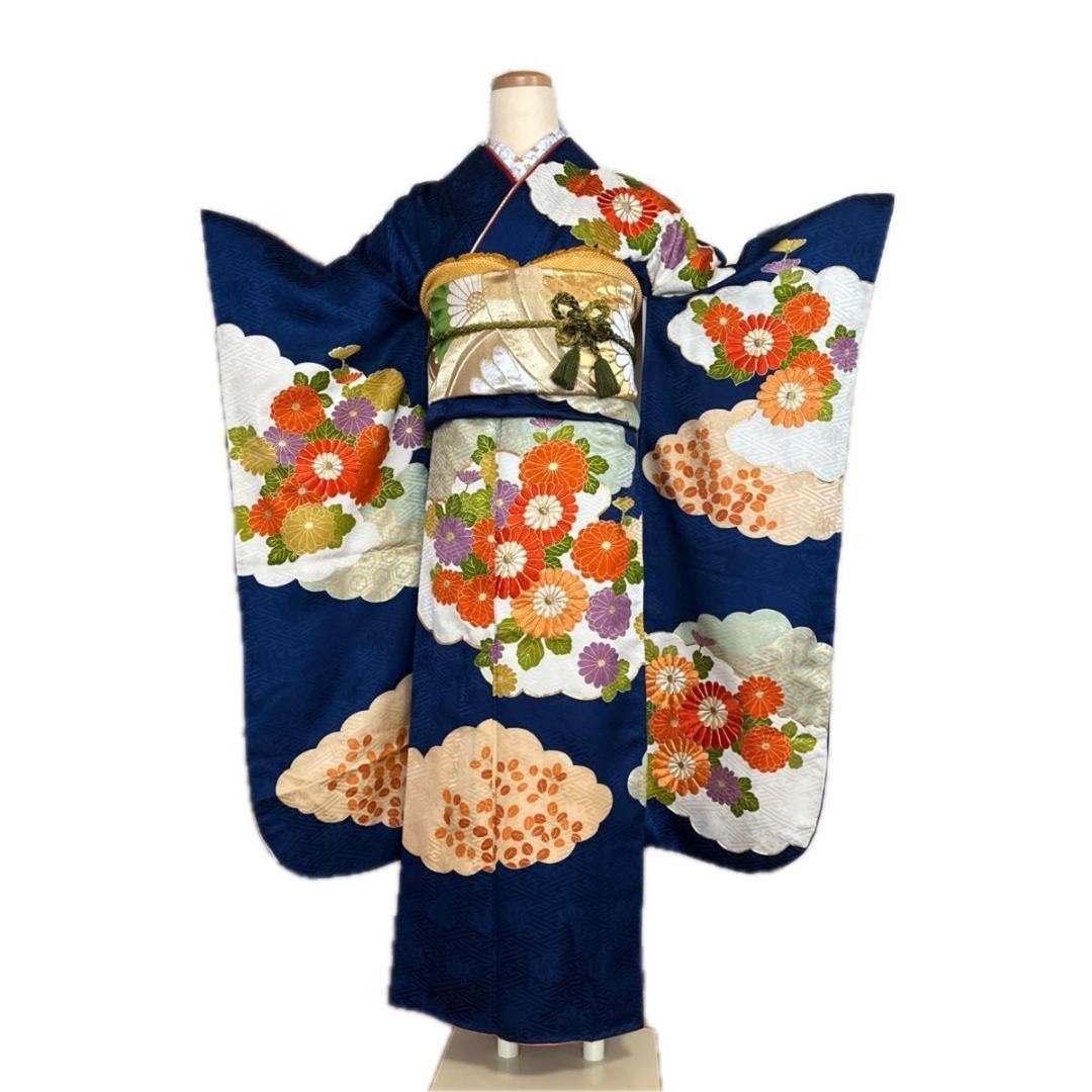 大正ロマンレトロ可愛い紺地×金駒刺繍♡振袖フルセット セミアンティーク 成人式