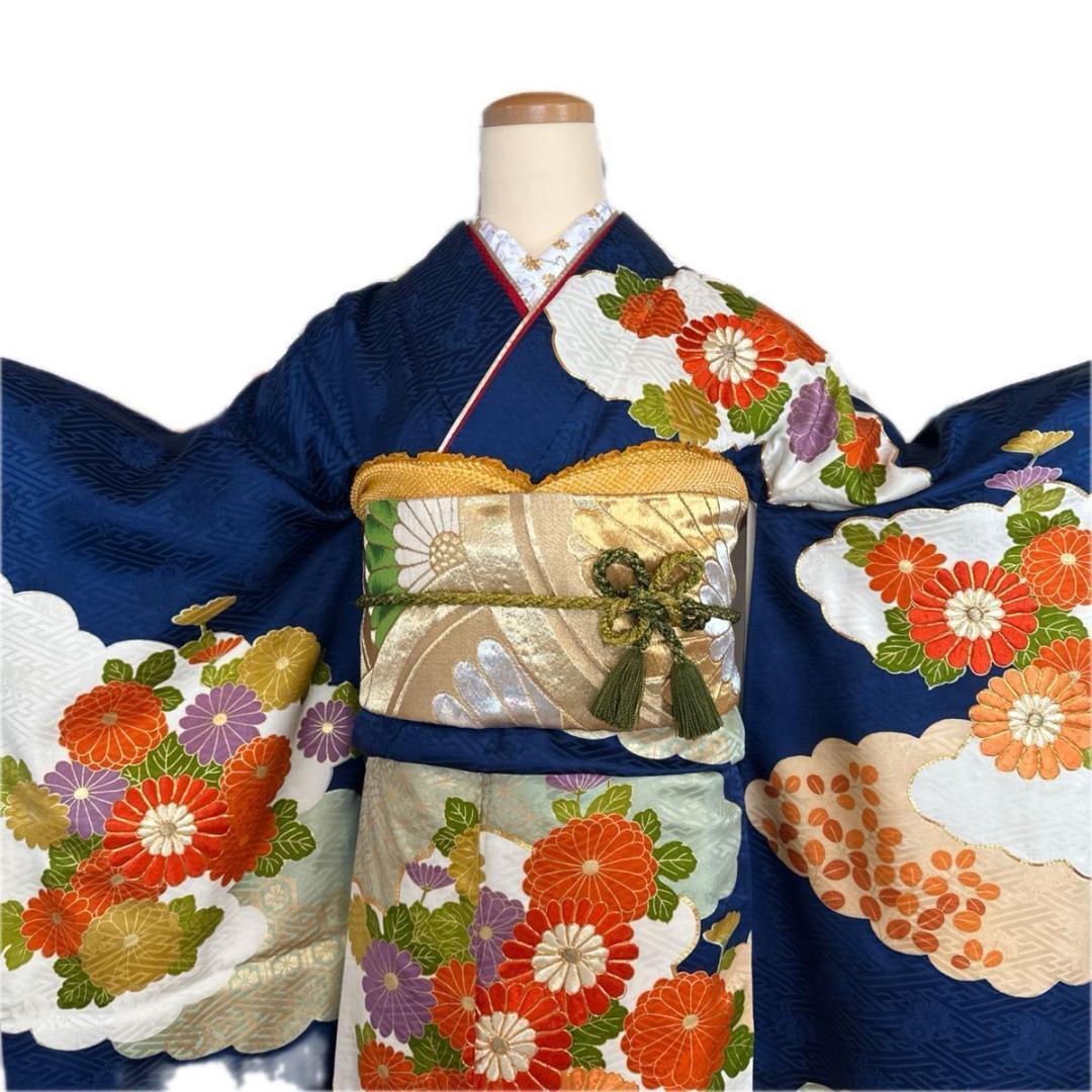 大正ロマンレトロ可愛い紺地×金駒刺繍♡振袖フルセット セミアンティーク 成人式