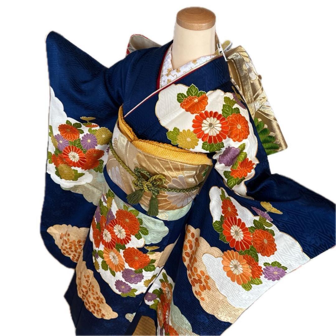 大正ロマンレトロ可愛い紺地×金駒刺繍♡振袖フルセット セミアンティーク 成人式