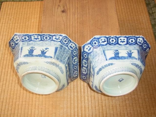 古伊万里 江戸末期 ◆肥前有田町黒牟田 梶原貞一窯 呉須手『角福紋』角深皿2客