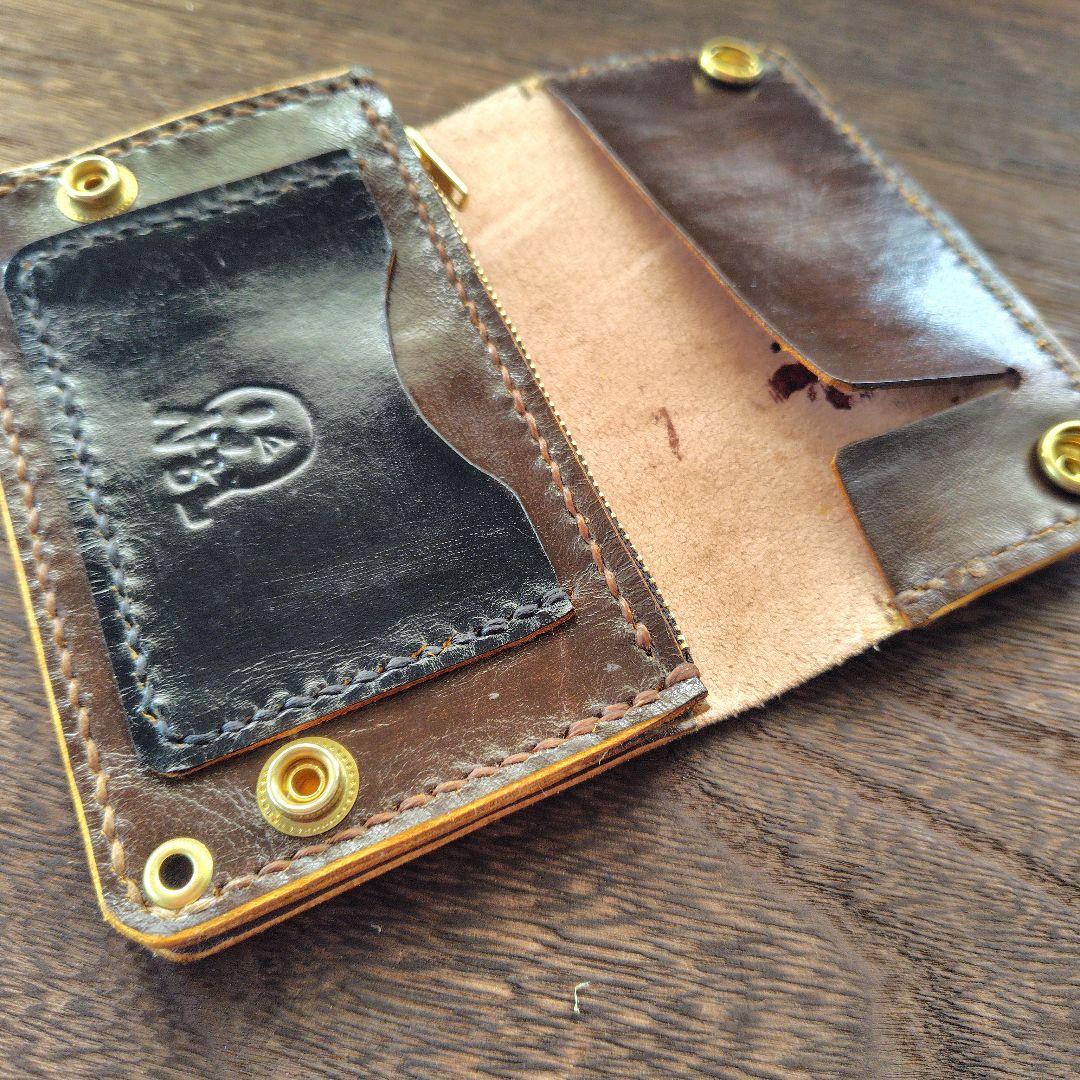 ミドルサイズ　トラッカー　ウォレット　茶×黒　手染め　薔薇