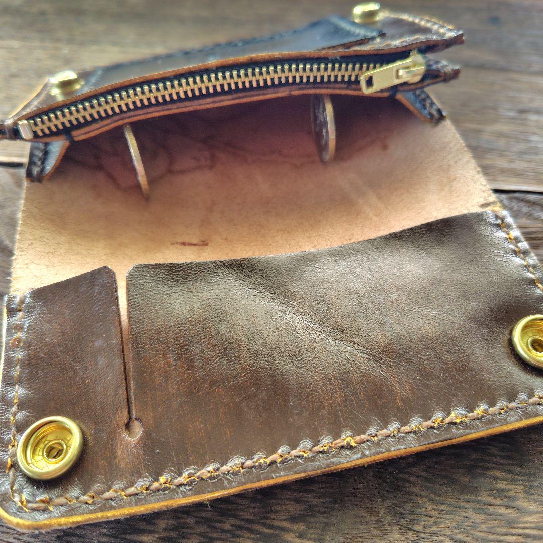 ミドルサイズ　トラッカー　ウォレット　茶×黒　手染め　薔薇