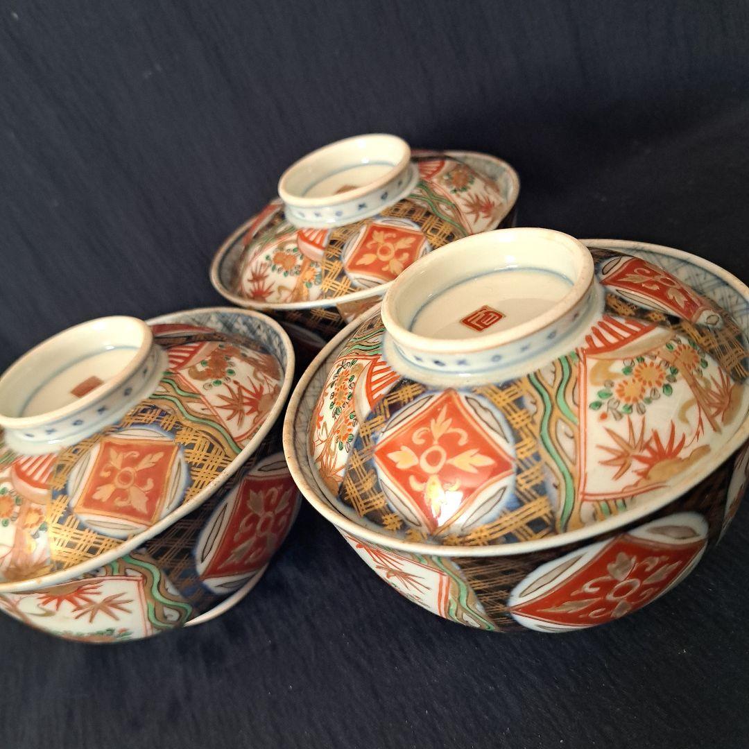 「蓋茶碗の色絵とフォルムを楽しむ！」 古伊万里茶碗(直径11.5cm)3客セット