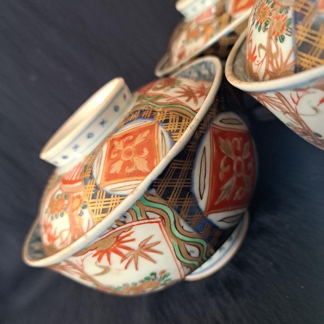 「蓋茶碗の色絵とフォルムを楽しむ！」 古伊万里茶碗(直径11.5cm)3客セット