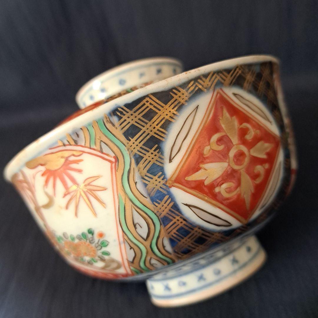 「蓋茶碗の色絵とフォルムを楽しむ！」 古伊万里茶碗(直径11.5cm)3客セット