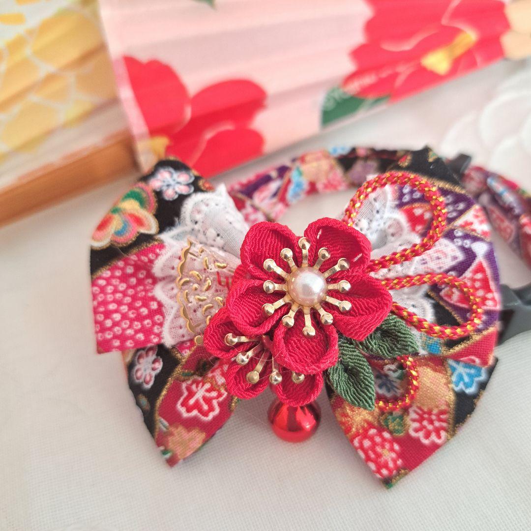 chachamalお正月、つまみ細工リボン(赤③)わんちゃん猫ちゃん用首輪