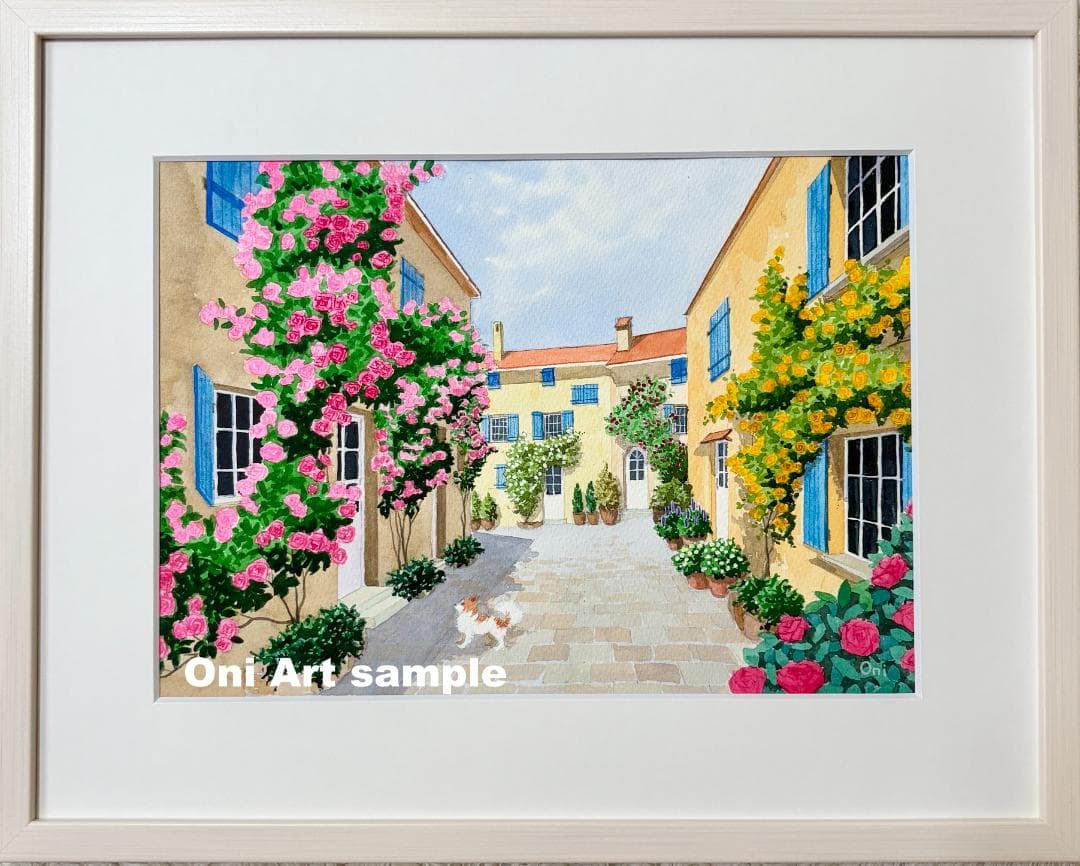 透明水彩画　原画　「花の咲く路地06」額縁付き　F4サイズ　風景画