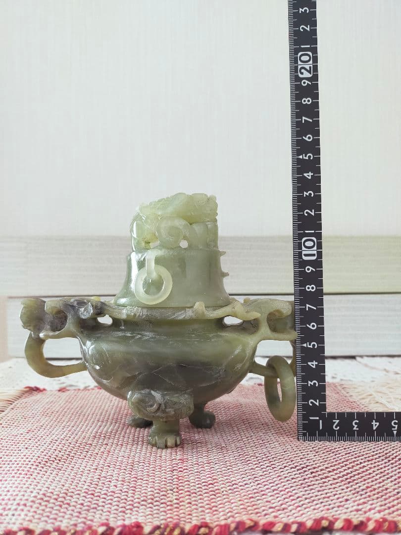 翡翠　天然石　三足　龍耳付き　龍神　風水　香炉　中国伝統美術彫刻　わけ有り
