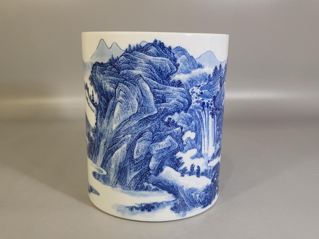 中国 染付 山水画 筆筒 光緒年製 書 文房具