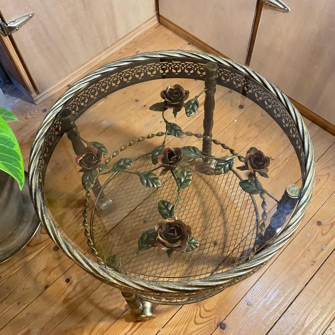 美品！薔薇 サイドテーブル 丸 ガラス バラ キャスター付 アンティーク調