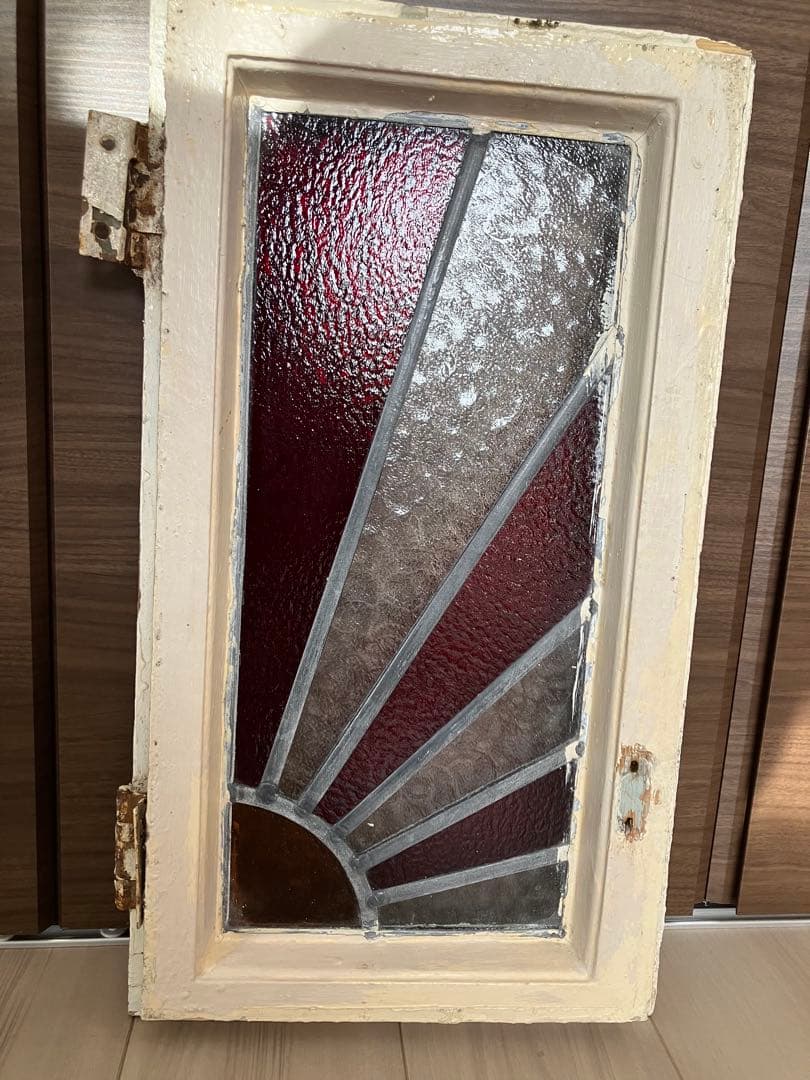 アンティーク　ステンドグラス　イギリス　木製窓枠付き　ステンドグラスパネル