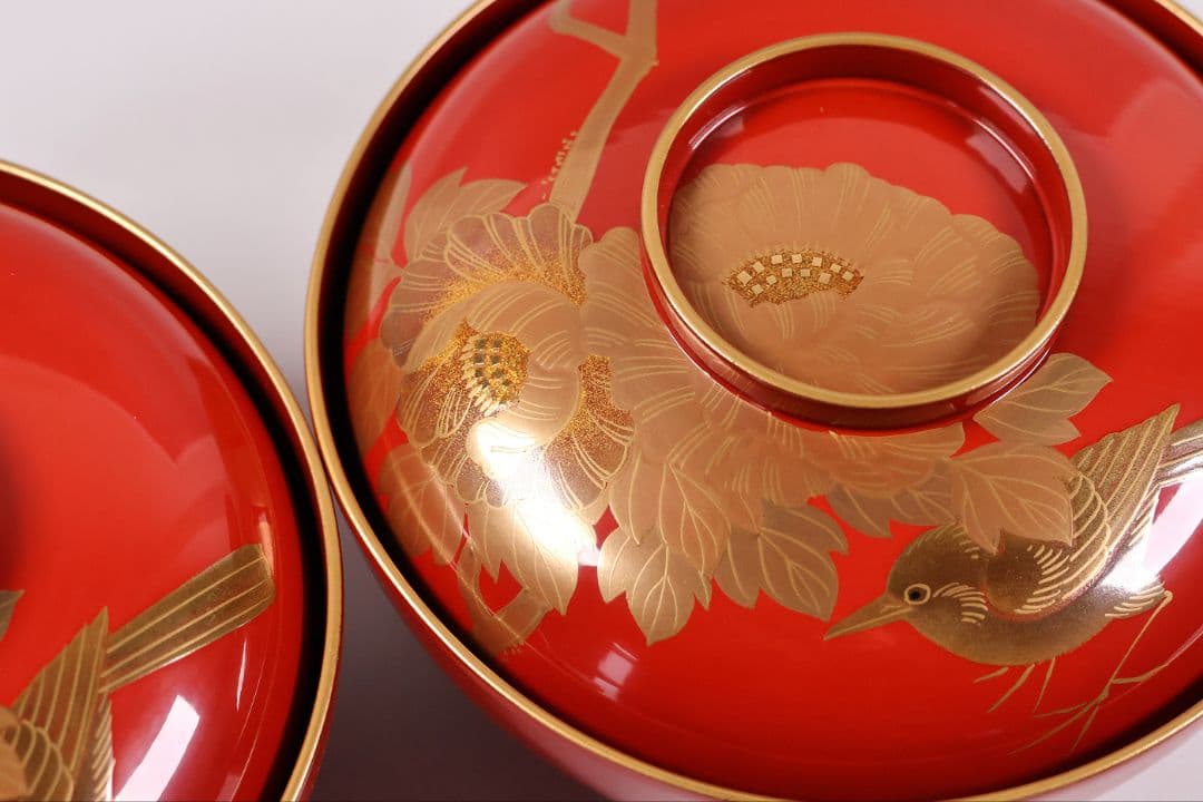 【MB178】輪島塗 花鳥金蒔絵 朱塗椀 二客 煮物椀 天然木漆塗 鶯牡丹 昭和