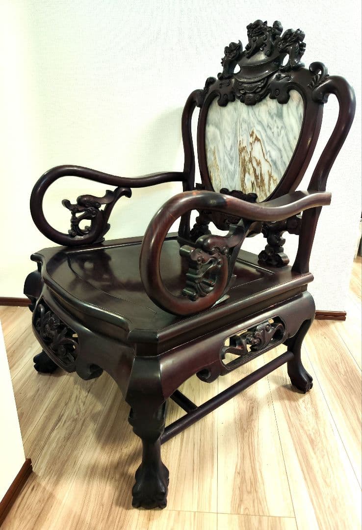 残り2脚　希少骨董　 大理石インレイ椅子　玉座　宮廷　紅木　紫檀　黒檀花梨李朝①