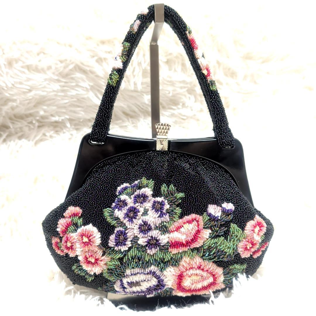 美品！　ビーズバッグ　手刺繍 花　カラフル　鮮やか　和装
