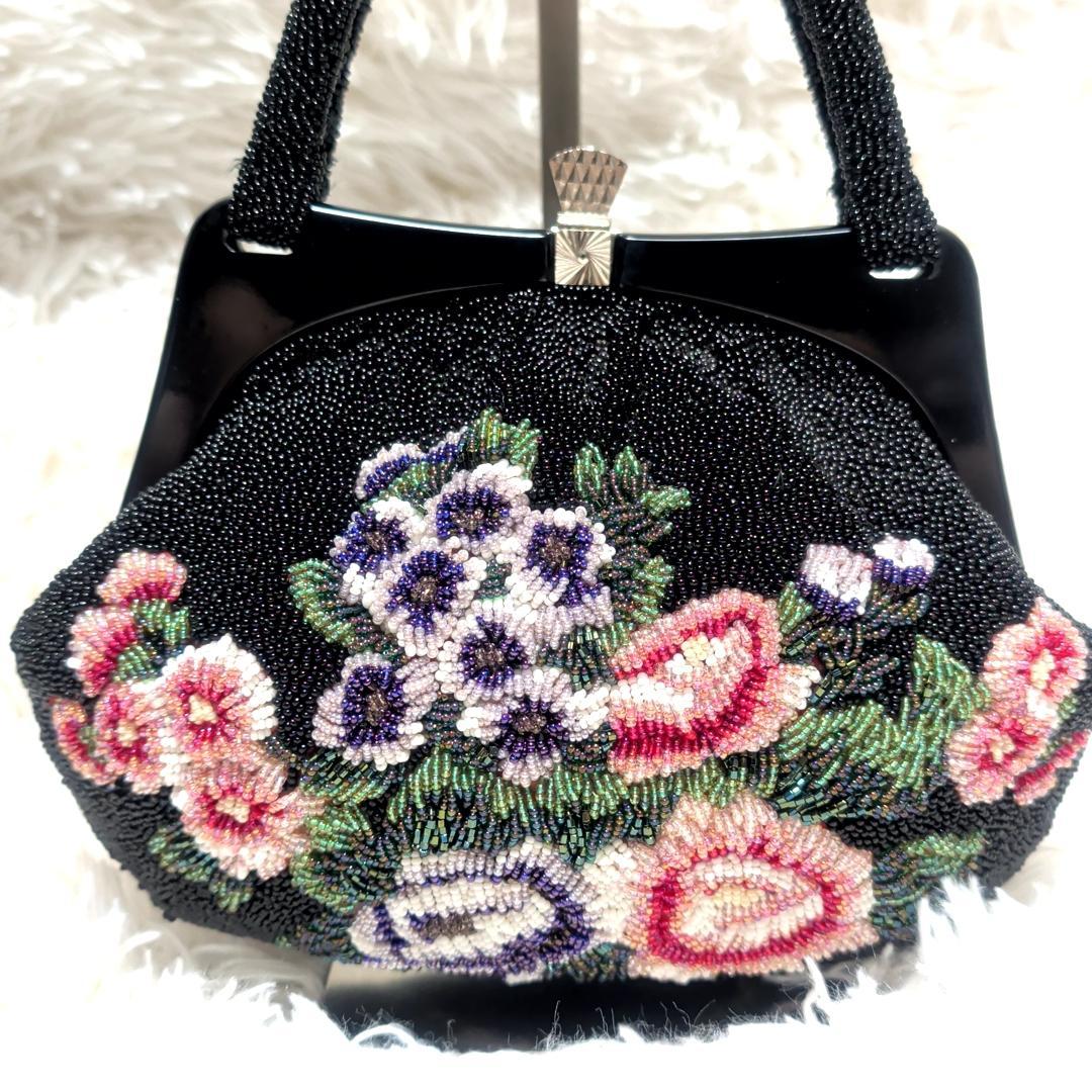 美品！　ビーズバッグ　手刺繍 花　カラフル　鮮やか　和装