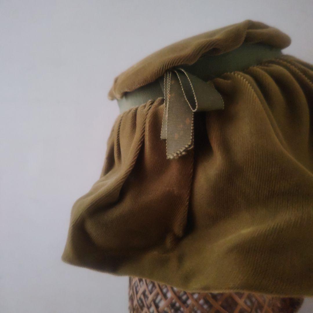 アンティーク　帽子　オリーブグリーン　ベルベット　グログランリボン