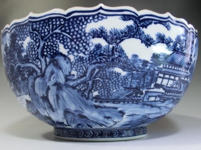 鉢■染付山水人物「平安京泉造」船山水 人物絵 大鉢 花弁型 桐共箱 骨董 極上■