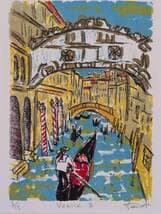 【真作】版画　リトグラフ　ヴェネツィアのゴンドラと橋　運河風景版画　Y160