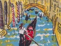 【真作】版画　リトグラフ　ヴェネツィアのゴンドラと橋　運河風景版画　Y160