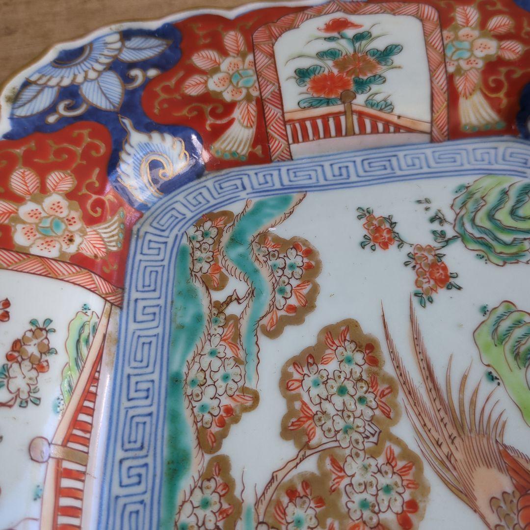 骨董 古伊万里 角皿 輪花 手描き 花鳥図 平鉢 大皿 陶器 飾り皿