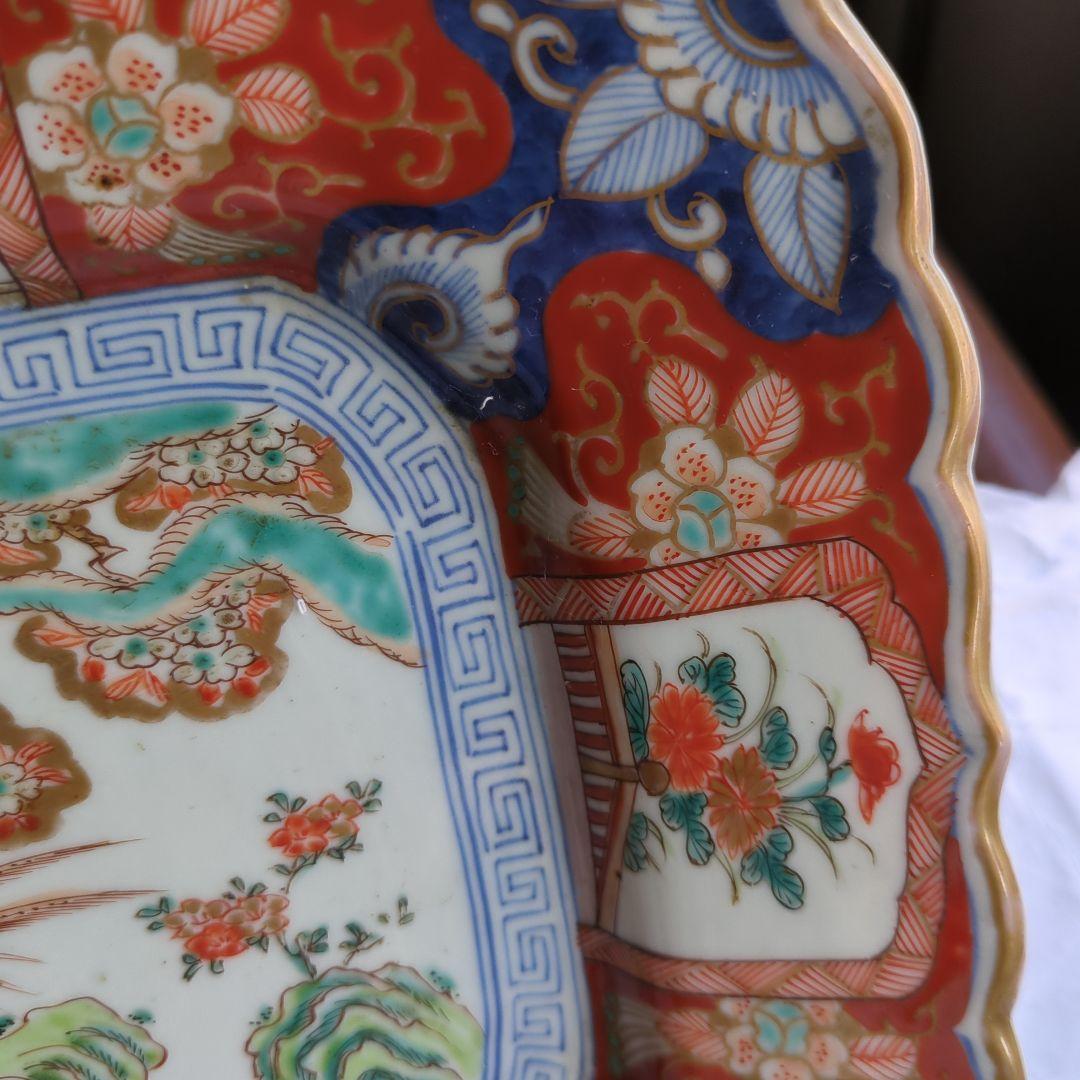 骨董 古伊万里 角皿 輪花 手描き 花鳥図 平鉢 大皿 陶器 飾り皿
