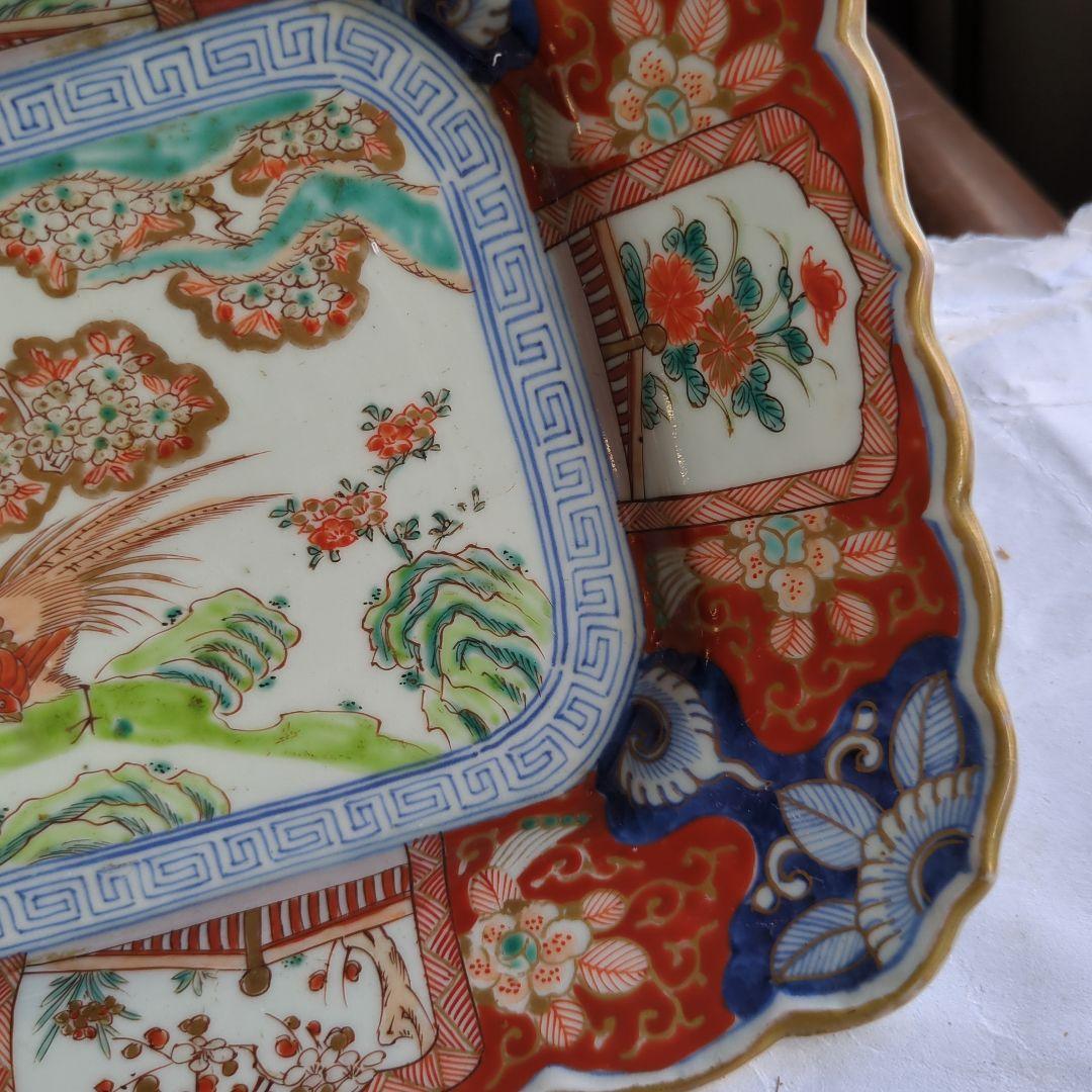 骨董 古伊万里 角皿 輪花 手描き 花鳥図 平鉢 大皿 陶器 飾り皿