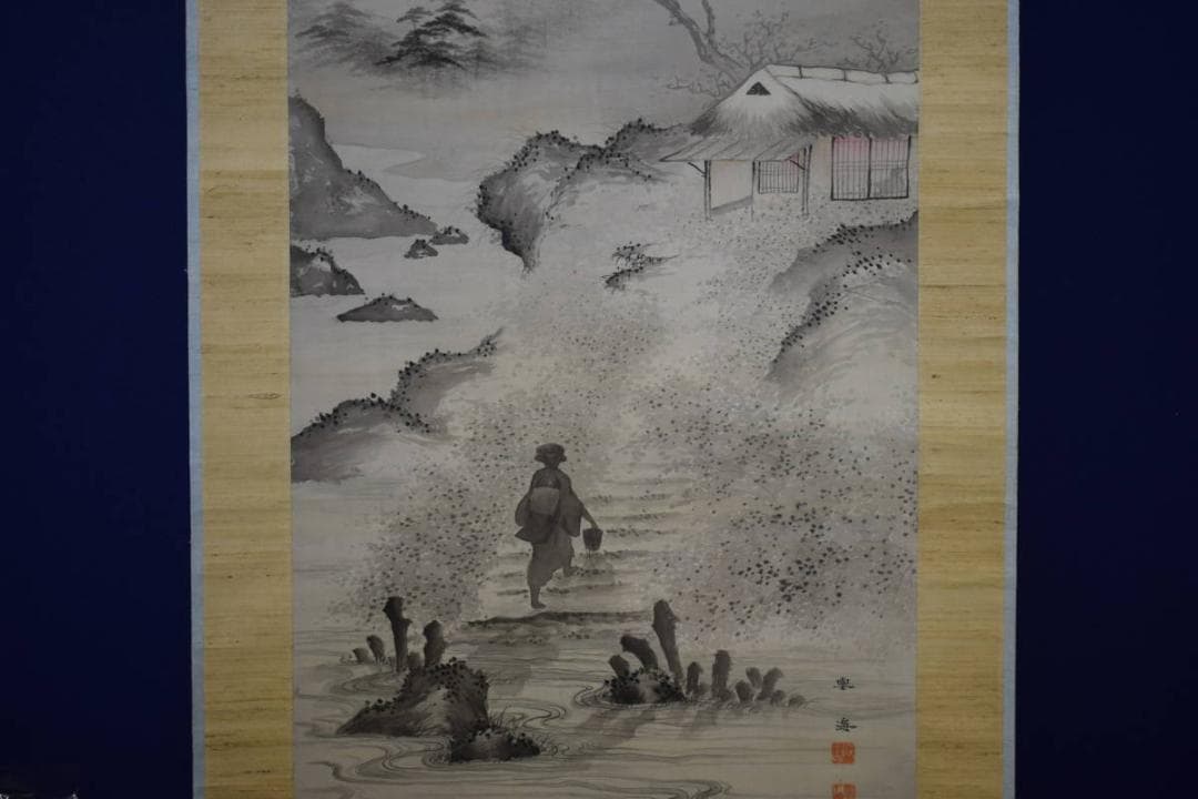 真作/庭山雲海/夜景山水図/布袋屋掛軸HE-927