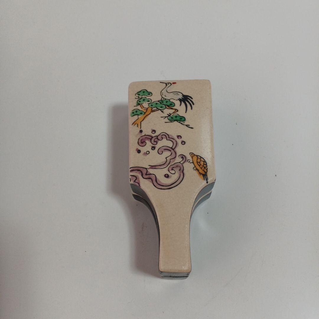 京焼色絵鶴亀文香合　陶器製 茶道具