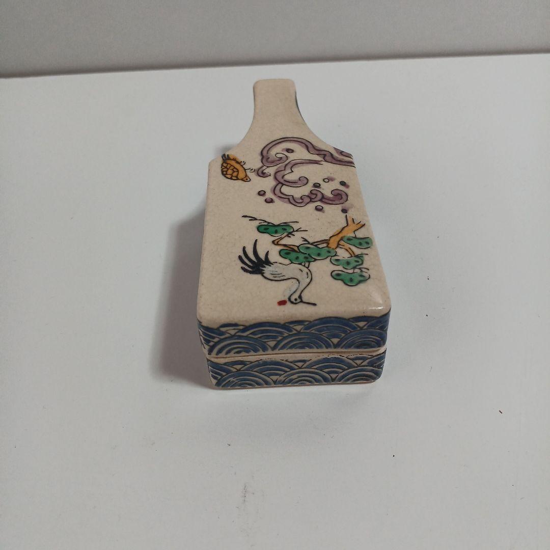 京焼色絵鶴亀文香合　陶器製 茶道具