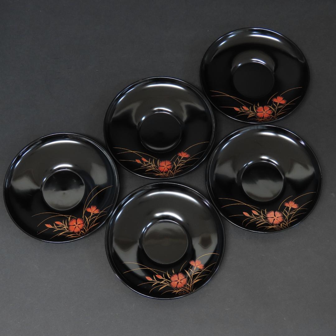 ⭕392 美品 輪島塗 木製漆塗 なでしこ図 蒔絵 茶托5客 桐箱 煎茶道具