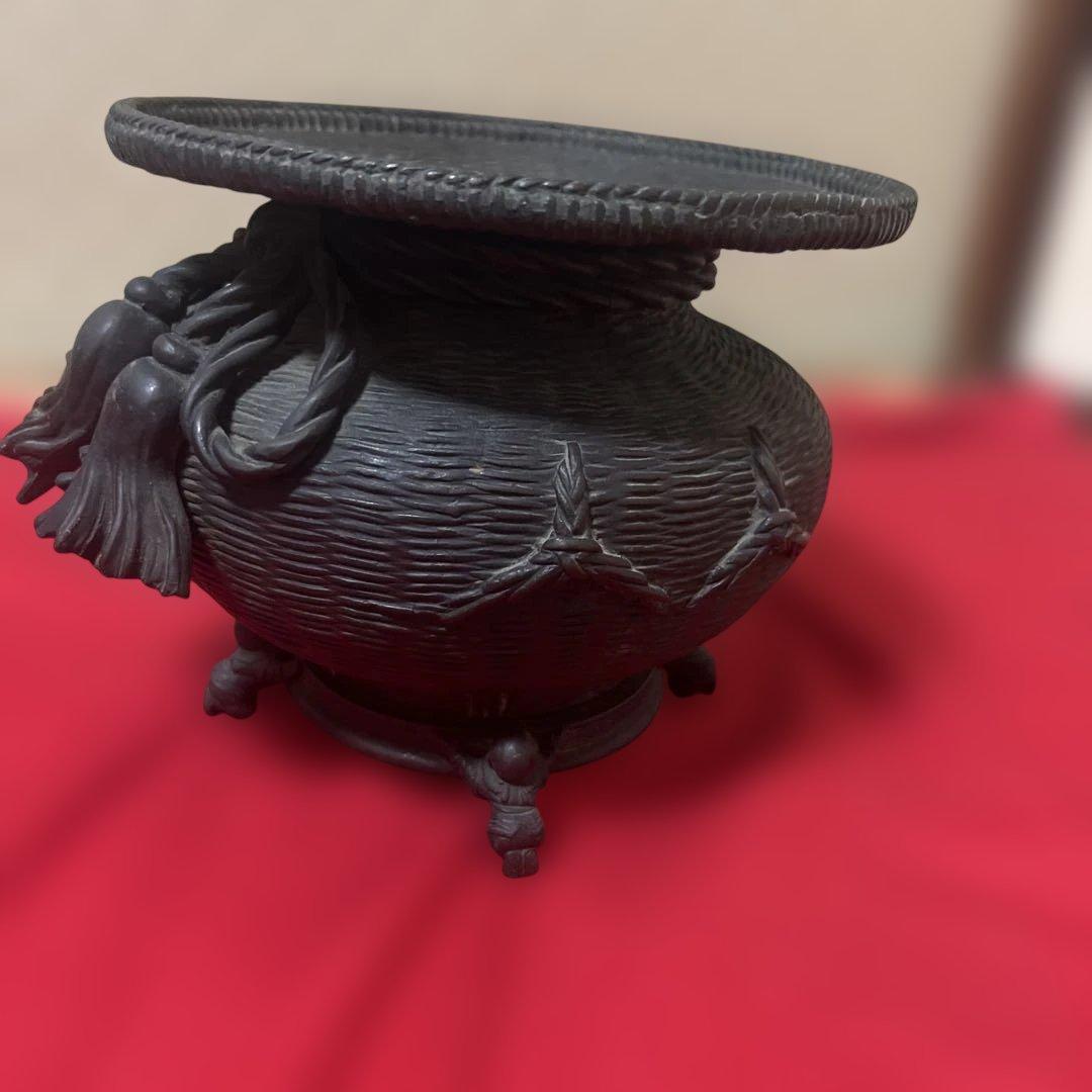 古美術　骨董品　茶道具　古銅花器　竹編紋　在銘　唐子足
