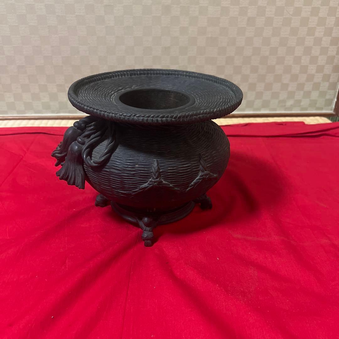 古美術　骨董品　茶道具　古銅花器　竹編紋　在銘　唐子足