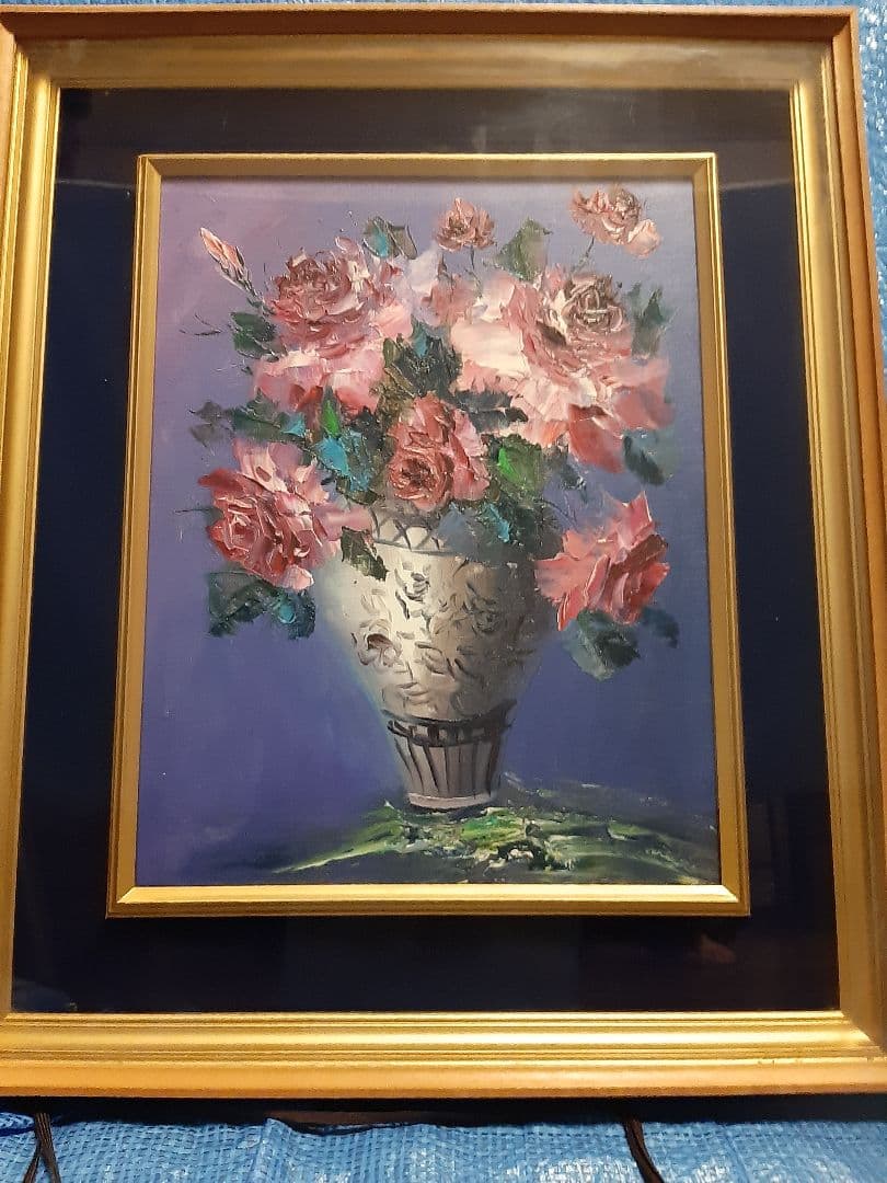 バラ 薔薇 花束 油彩画 金色フレーム 油絵　作者不明