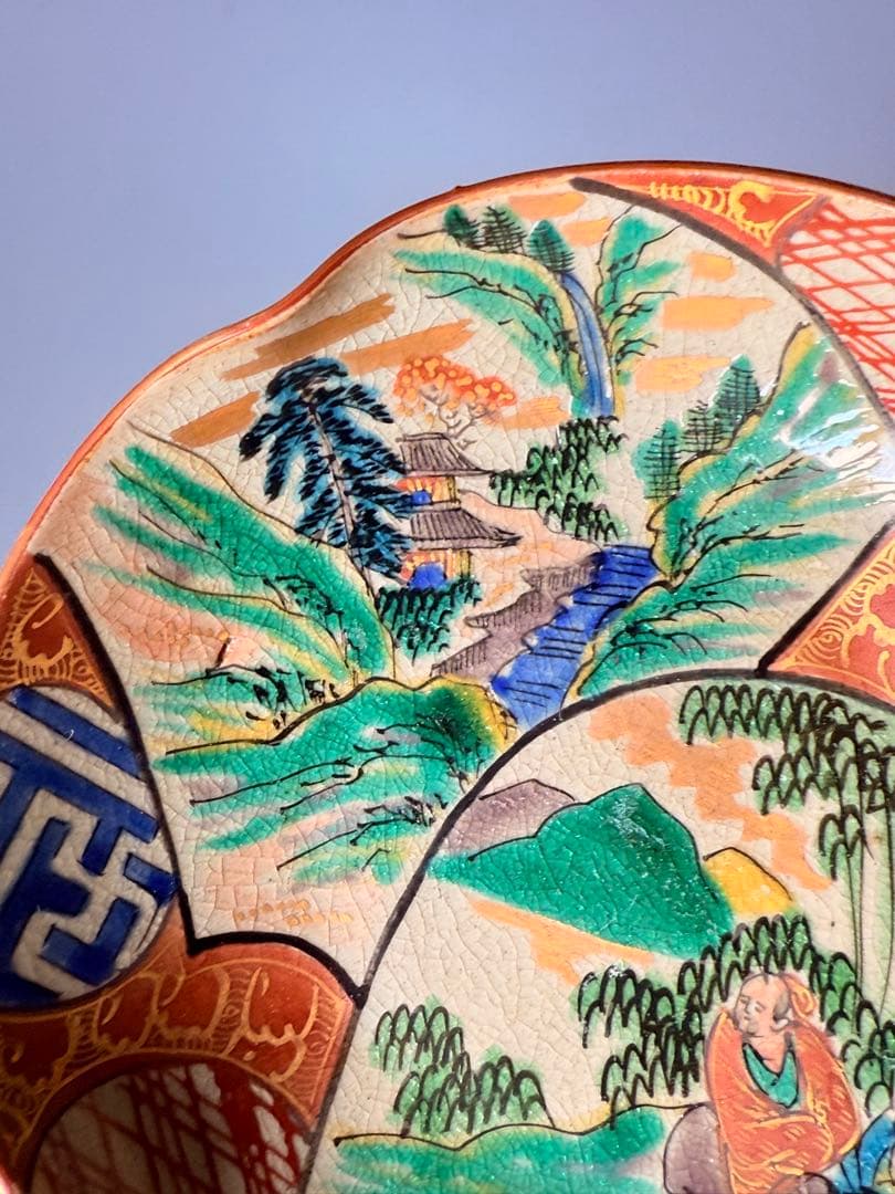 九谷焼　九谷庄三作　色絵風景図変形皿　五客　竹林賢人　窓絵　こだわりの器　手描き