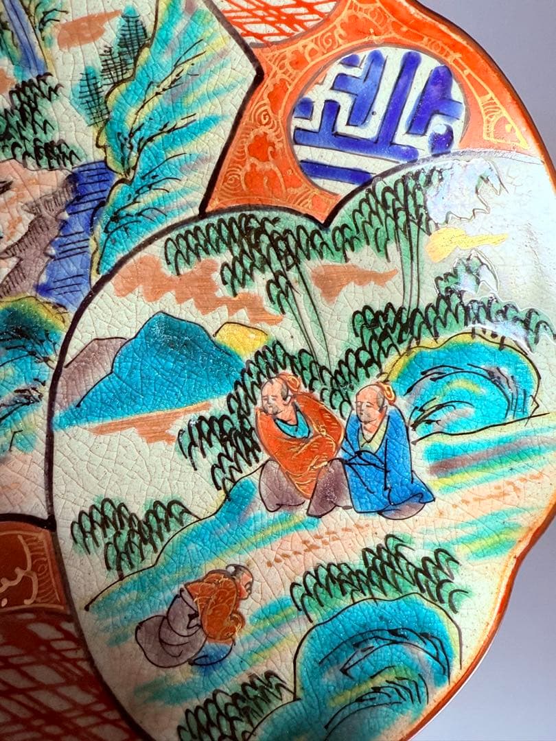 九谷焼　九谷庄三作　色絵風景図変形皿　五客　竹林賢人　窓絵　こだわりの器　手描き