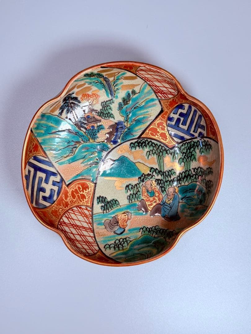 九谷焼　九谷庄三作　色絵風景図変形皿　五客　竹林賢人　窓絵　こだわりの器　手描き