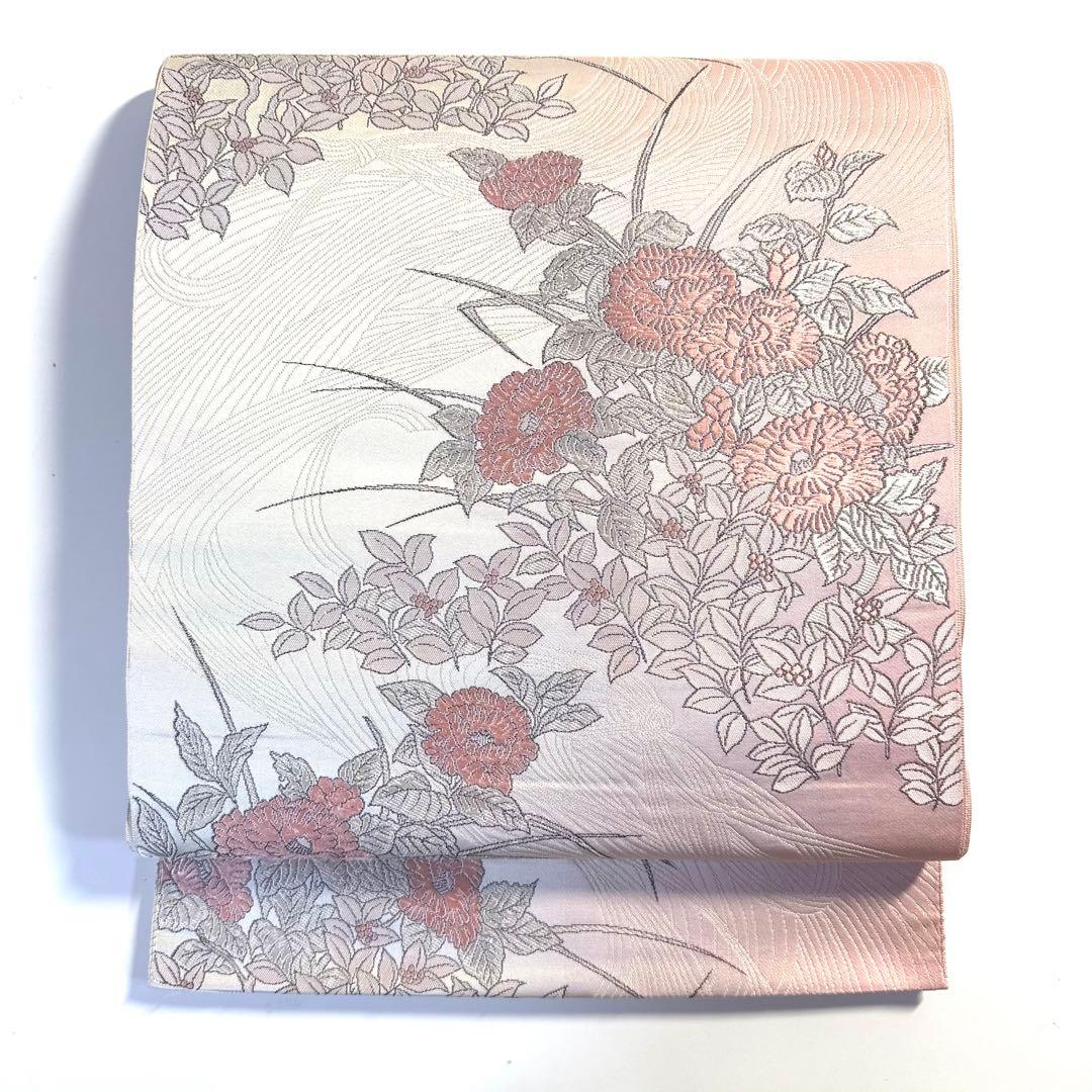 5k3015 名古屋帯　絹　博多織　唐織　ピンク　白　花柄　和装　着物