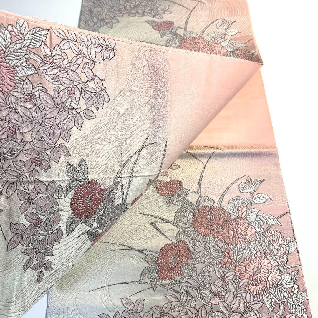 5k3015 名古屋帯　絹　博多織　唐織　ピンク　白　花柄　和装　着物