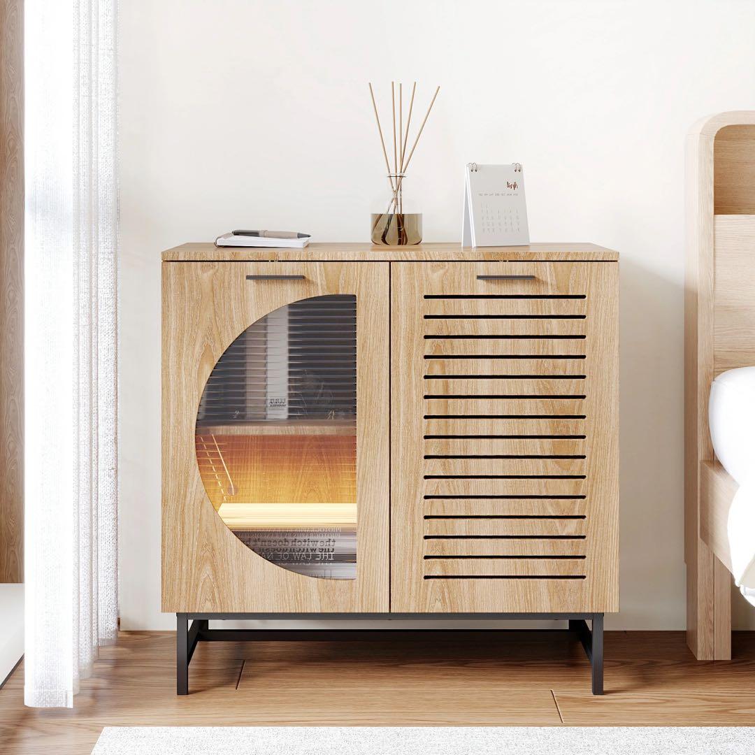 キャビネット サイドボード LEDライト付き 両開き扉収納 木目調 北欧風