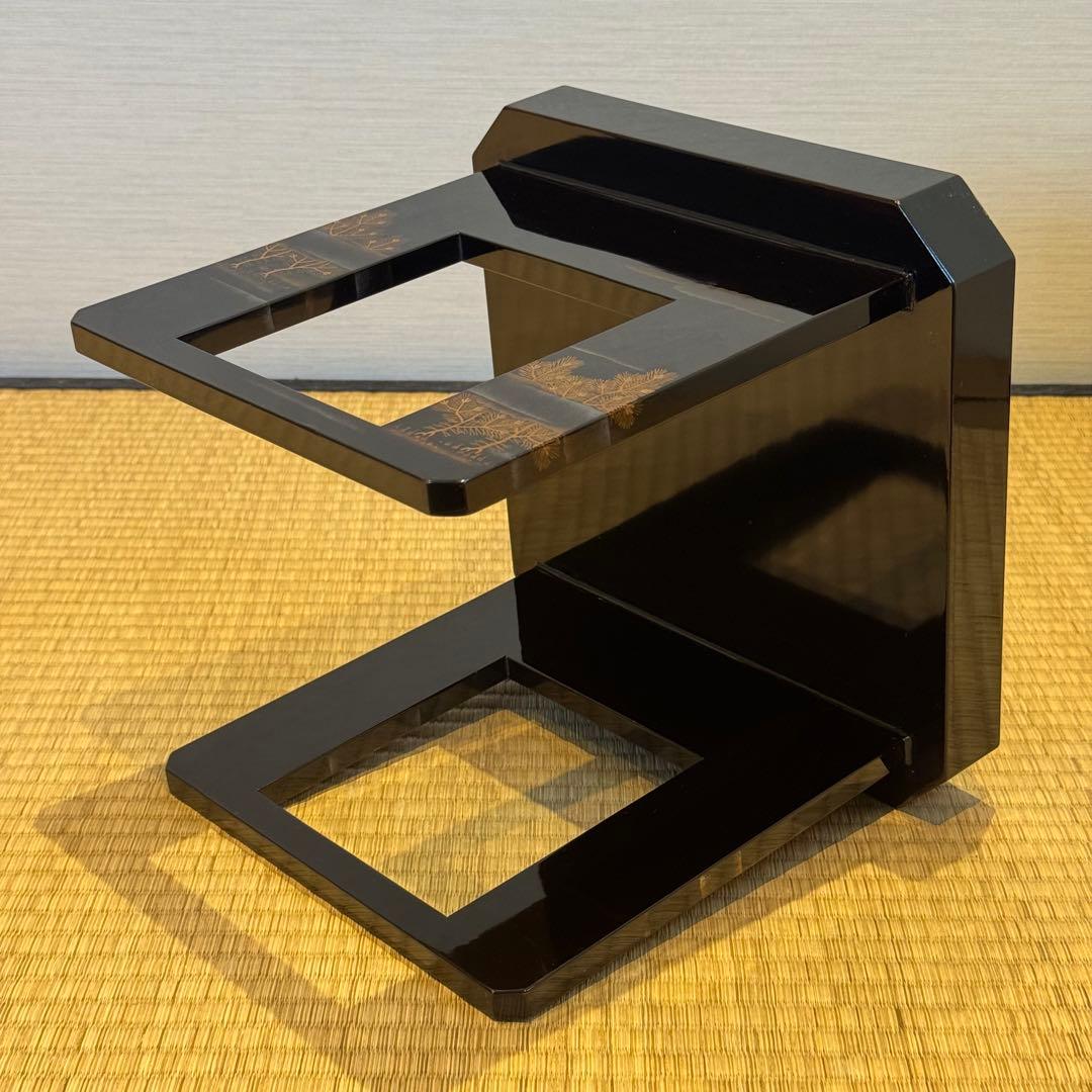 霞に若松研ぎ出し蒔絵 黒塗 脚付御膳 共箱 蔵出し品 / 輪島塗 配膳台 供物台