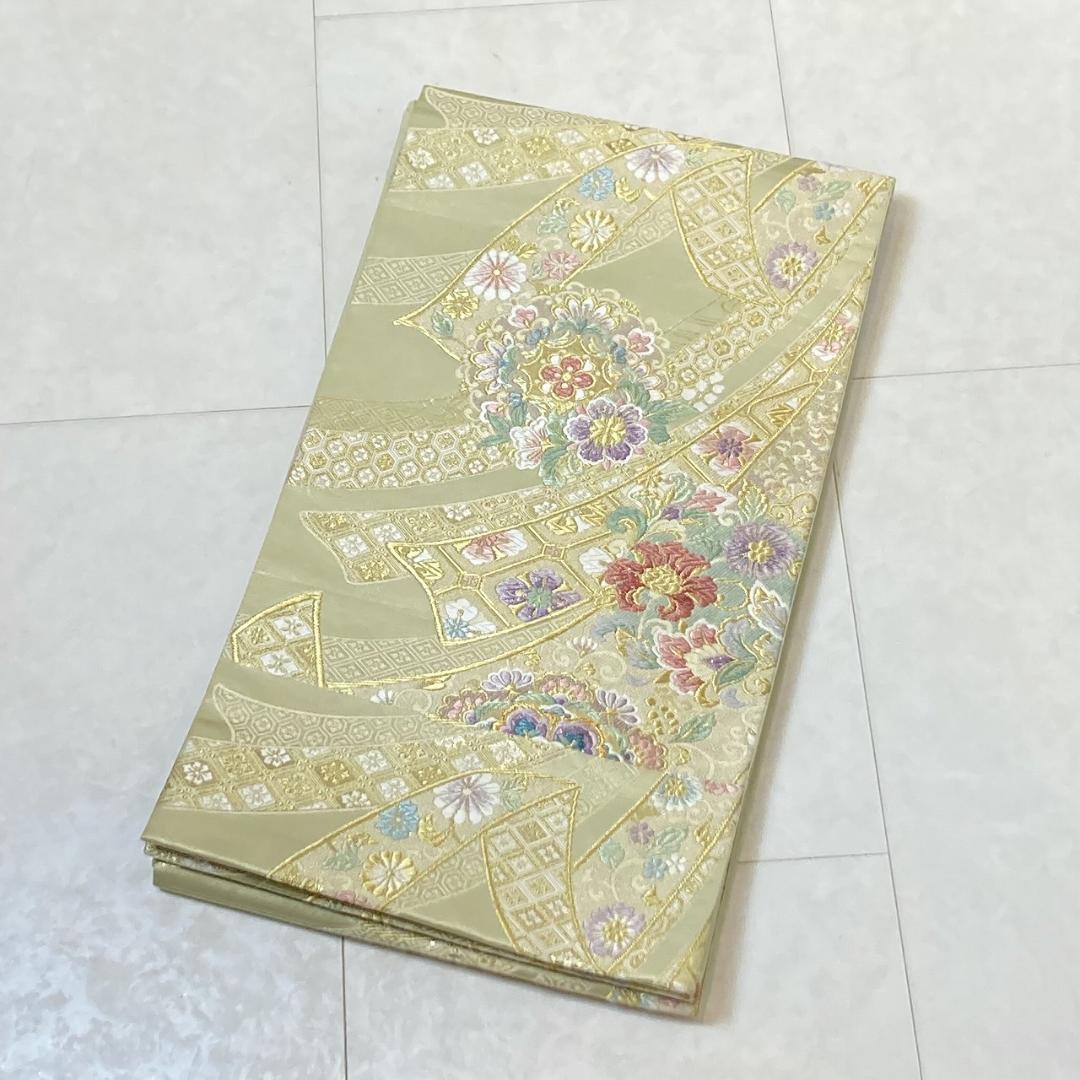 桂由美 やまと誂製 唐織 華紋 熨斗 袋帯 正絹 金 黄緑 白 紫 ピンク711