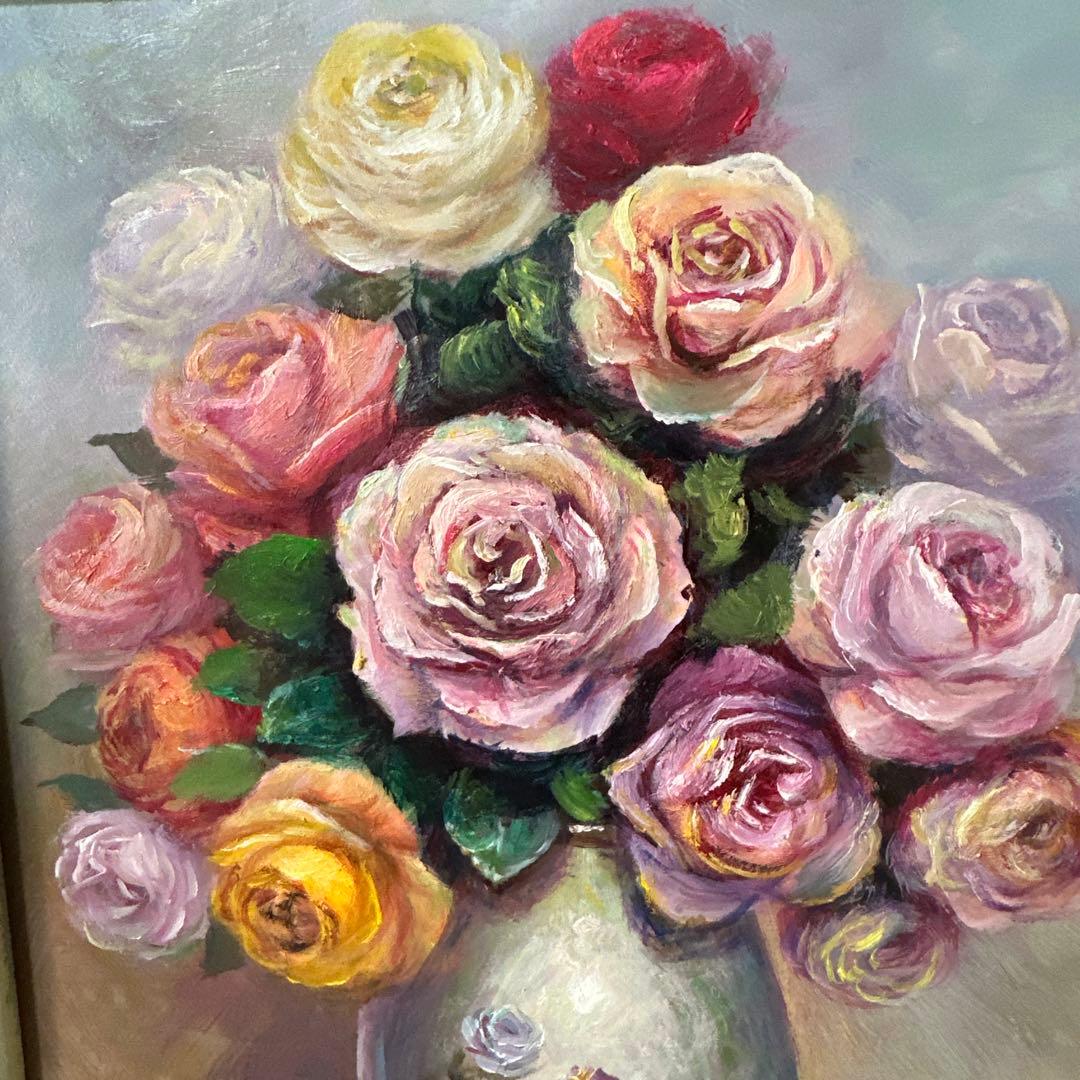 肉筆　真作　一点物　バラの花束絵画　油彩画 作家作品　美術品　静物画　価値有