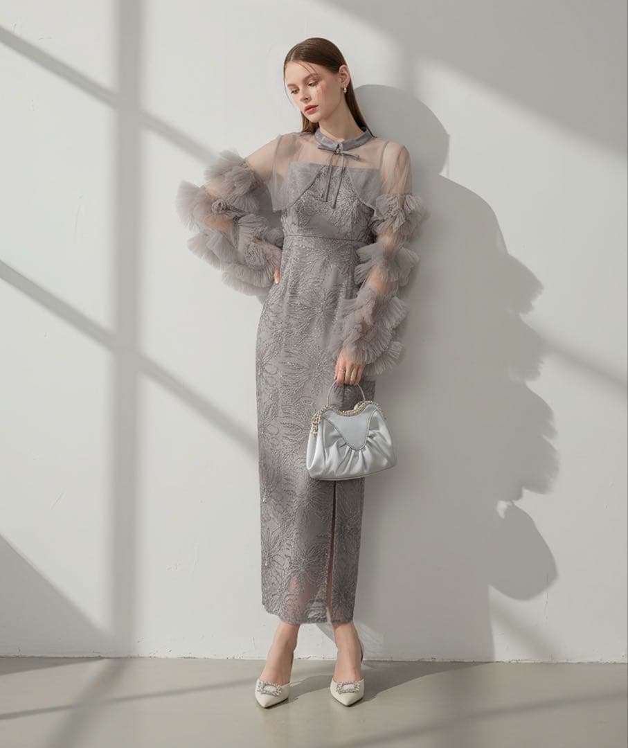 Leja フリルチュールスリーブリボンIラインワンピースドレス