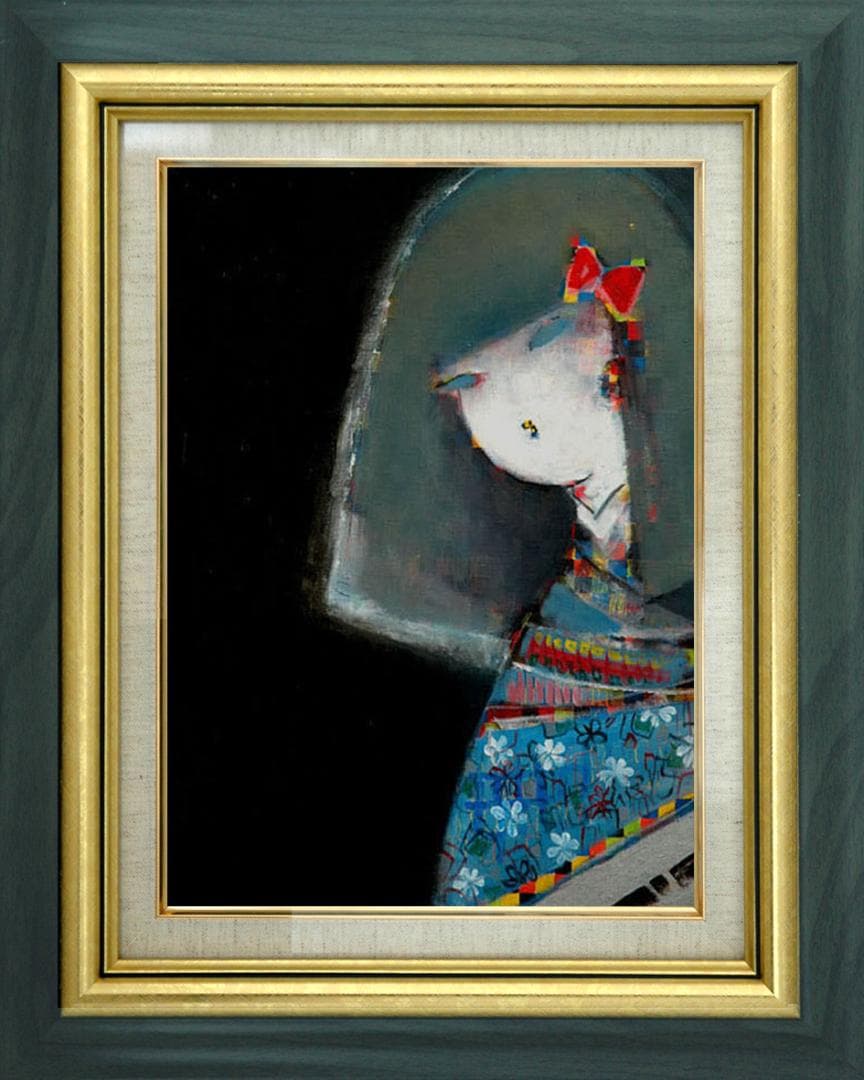 油絵 菅家令子 絵 絵画インテリア額付(黒) F6-083111 市松人形 少女