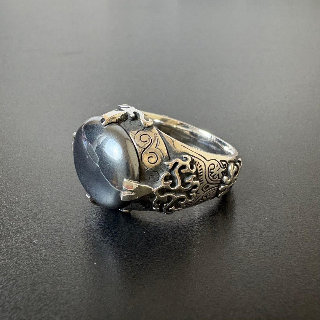 彫銀　ヘマタイトリング　シルバーリング　約22号　装飾　レア