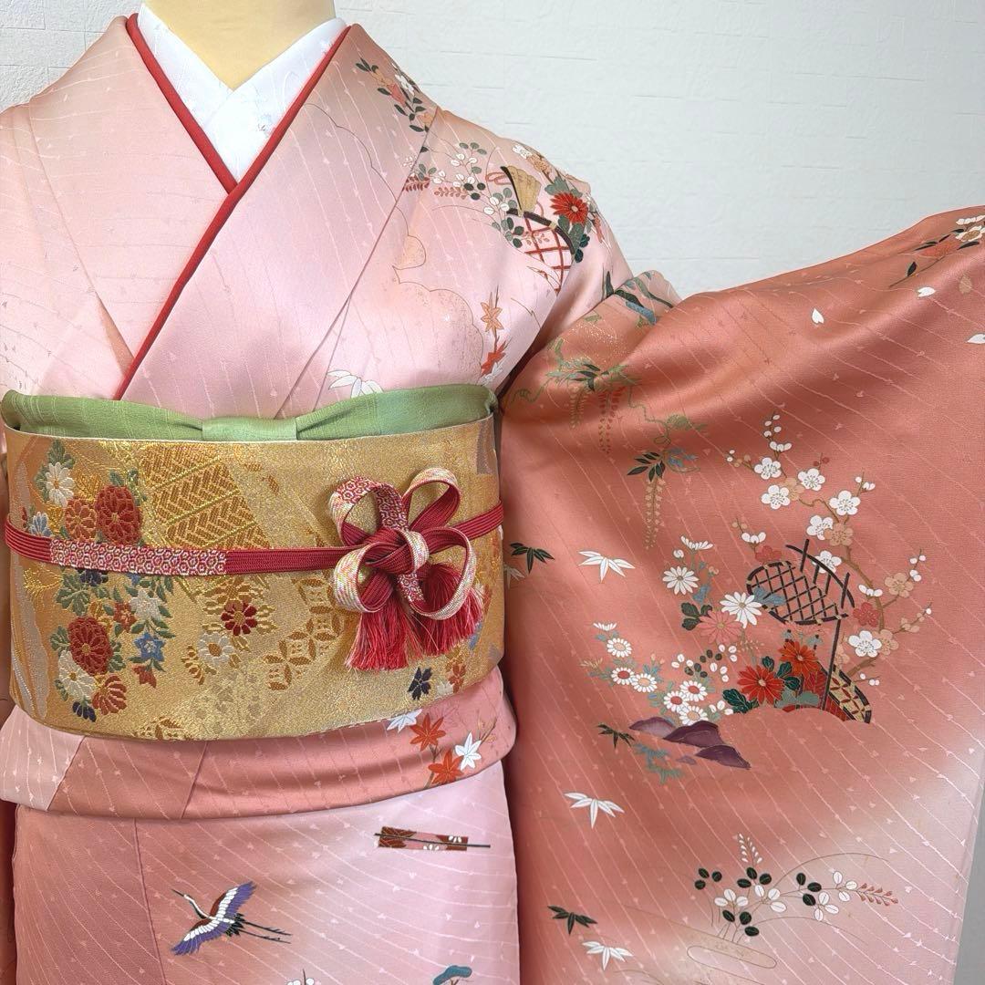 2 振袖フルセット 正絹 ピンク 桃 ピンクベージュ 金彩 暈し染め お上品