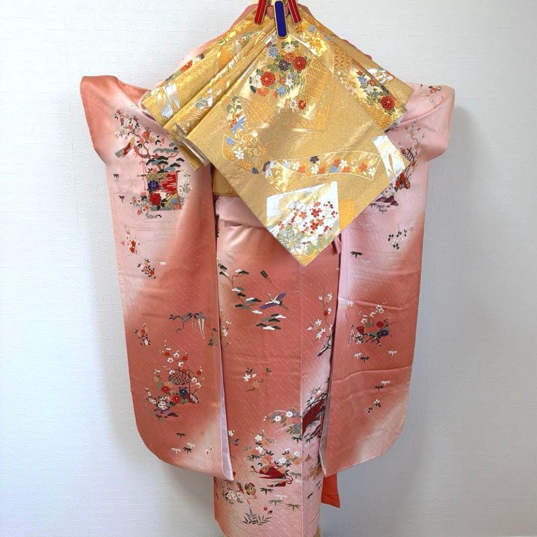 2 振袖フルセット 正絹 ピンク 桃 ピンクベージュ 金彩 暈し染め お上品
