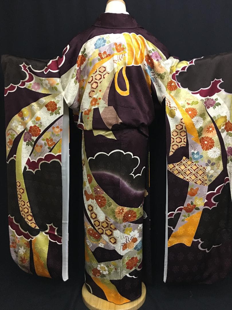 京友禅 深紫 熨斗柄雲取 振袖 毬柄佐賀錦袋帯フルセット