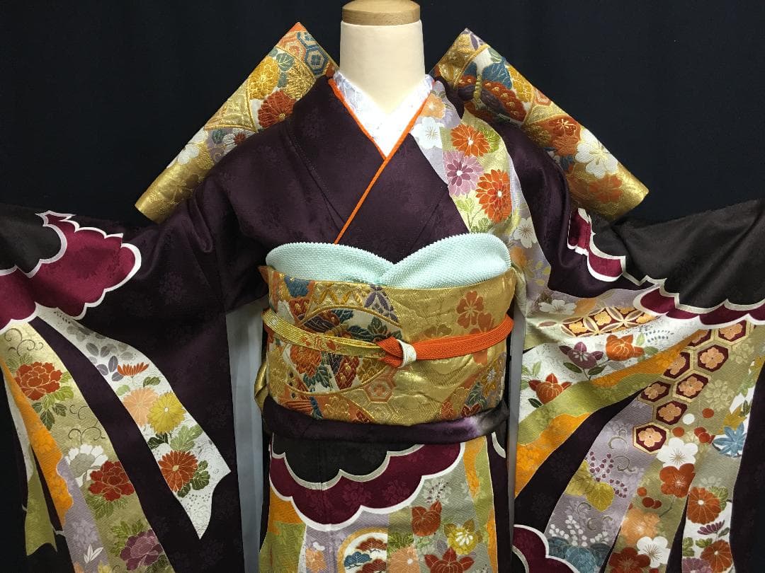 京友禅 深紫 熨斗柄雲取 振袖 毬柄佐賀錦袋帯フルセット