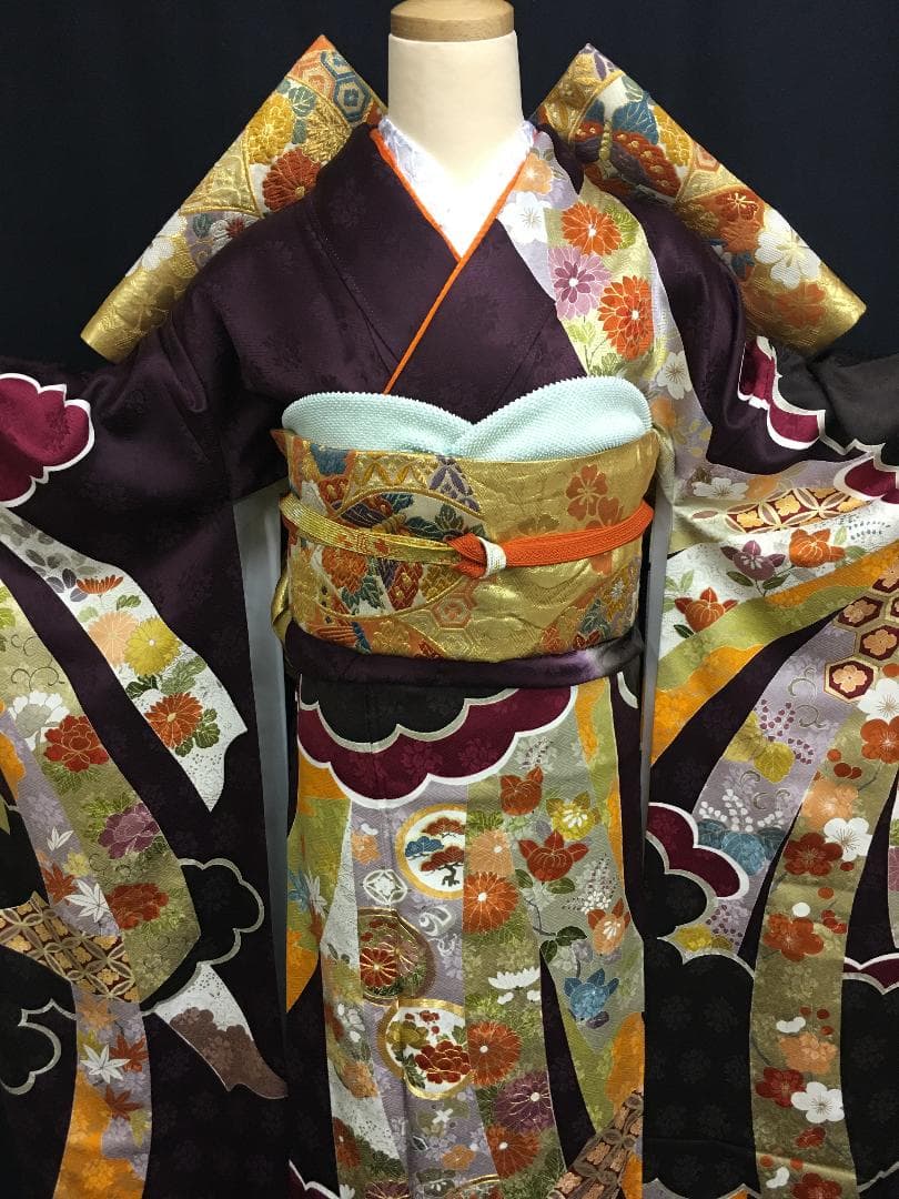 京友禅 深紫 熨斗柄雲取 振袖 毬柄佐賀錦袋帯フルセット